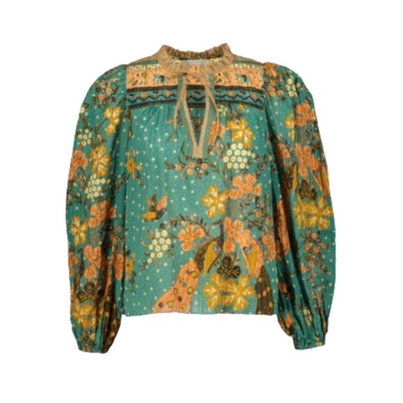 Ulla Johnson Tops - Ulla Johnson Rana Hummingbird Blouse Top Shirt Womens 12 Green Yellow V-Neck